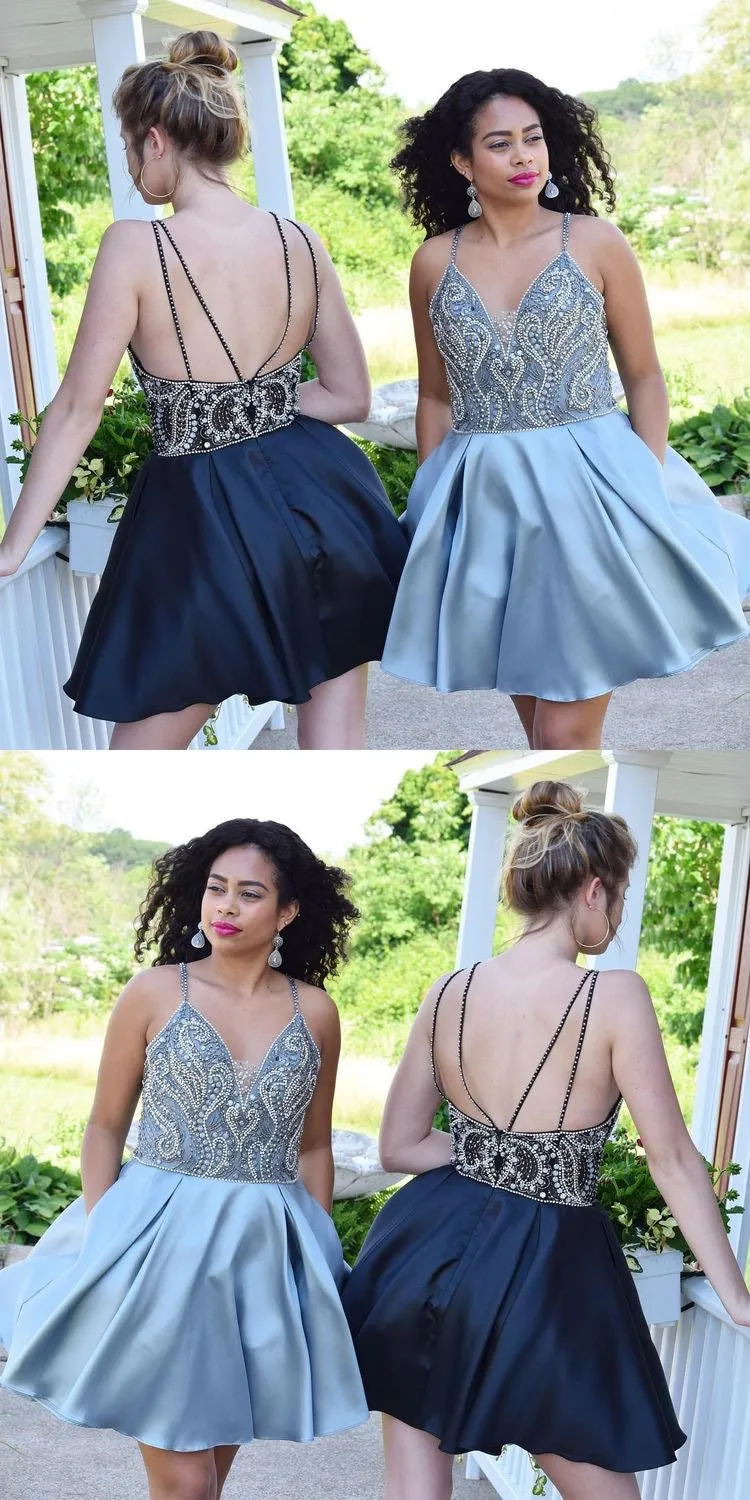 Sexy Homecoming Dress Spaghetti Straps Rhinestone Silver Short Prom Dress Party Dress JK424