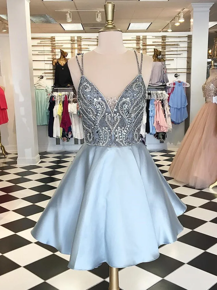 Sexy Homecoming Dress Spaghetti Straps Rhinestone Silver Short Prom Dress Party Dress JK424