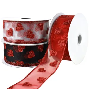 Sheer Organza Glitter Hearts Valentine's Day Wired Ribbon, 1-1/2-Inch, 10-Yard