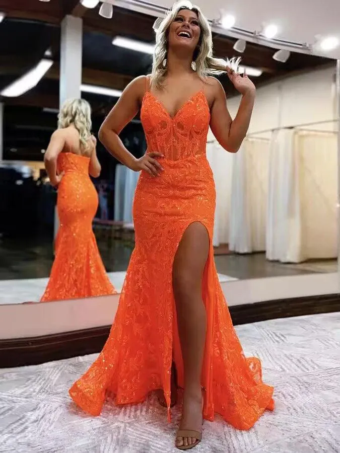 Shiny Orange Mermaid Long Prom Dresses V-neck Lace With Slit Party Dress #LPK280