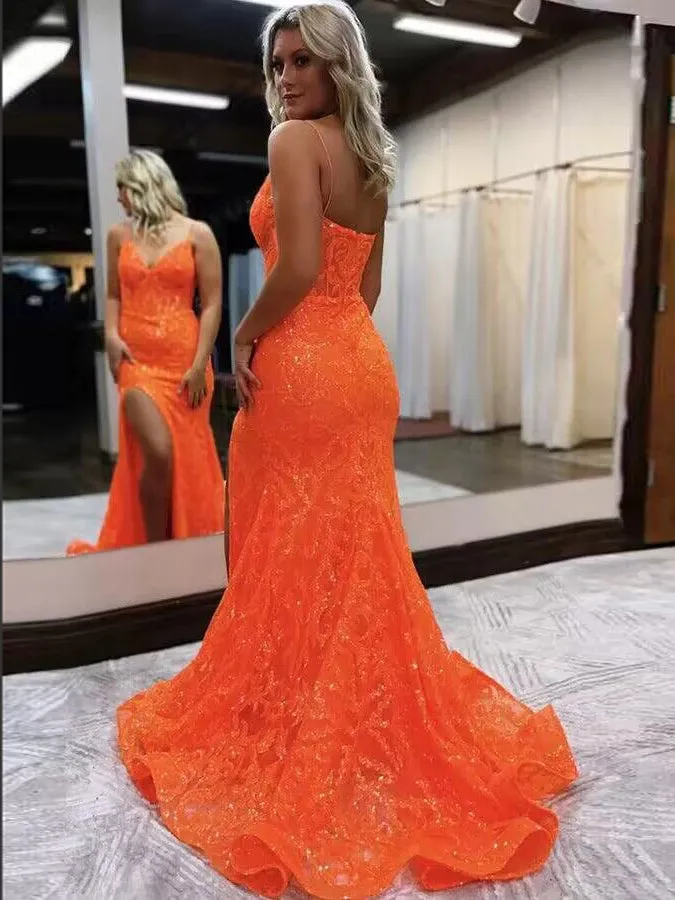 Shiny Orange Mermaid Long Prom Dresses V-neck Lace With Slit Party Dress #LPK280