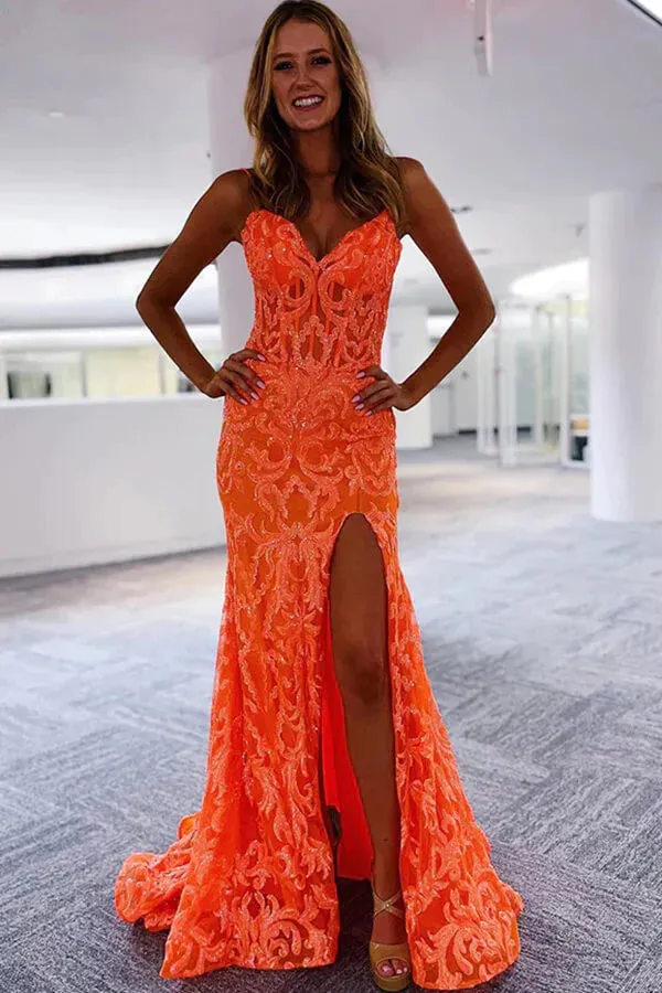 Shiny Orange Mermaid Long Prom Dresses V-neck Lace With Slit Party Dress #LPK280