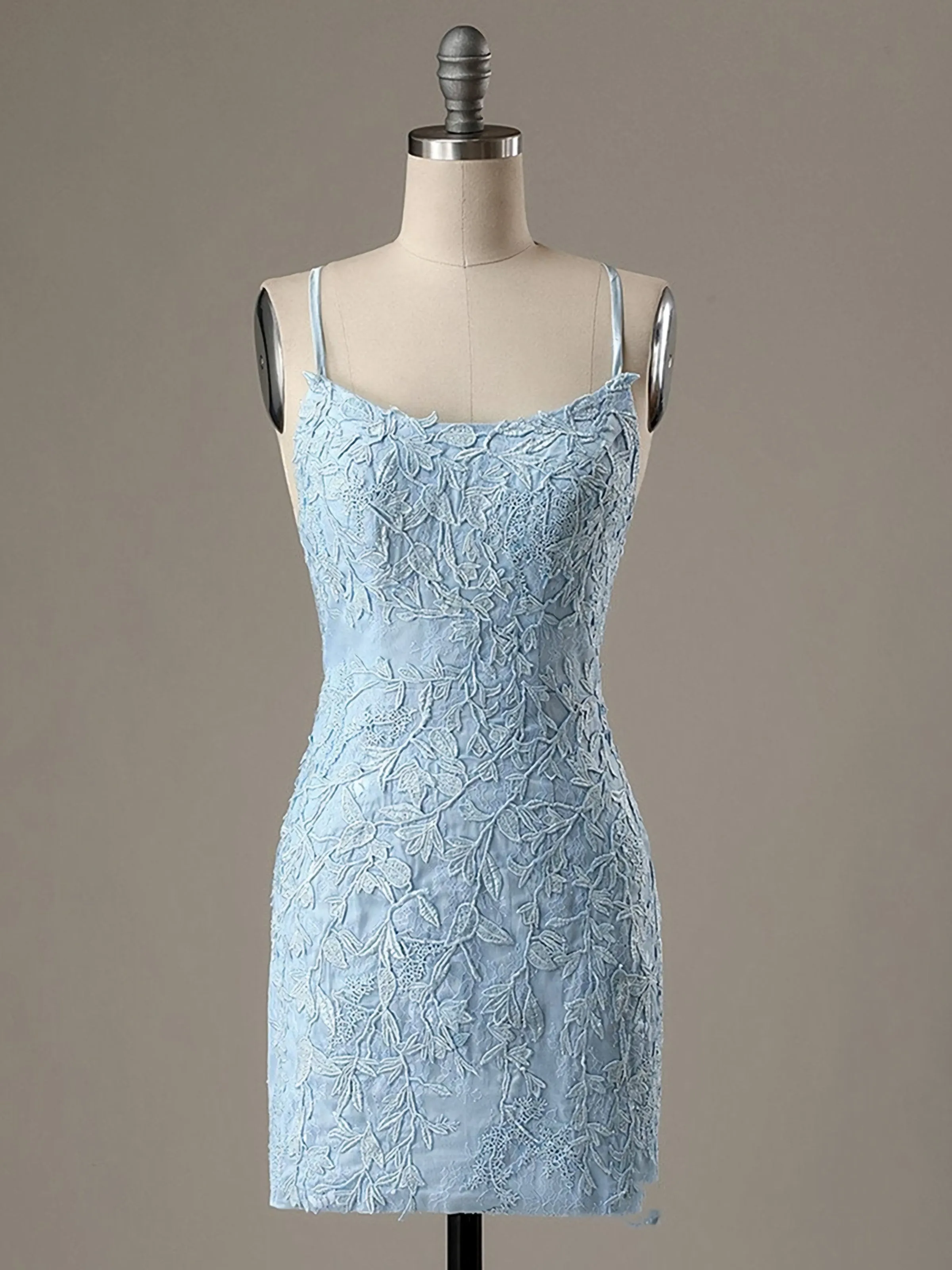 Short Light Blue Backless Lace Prom Dresses