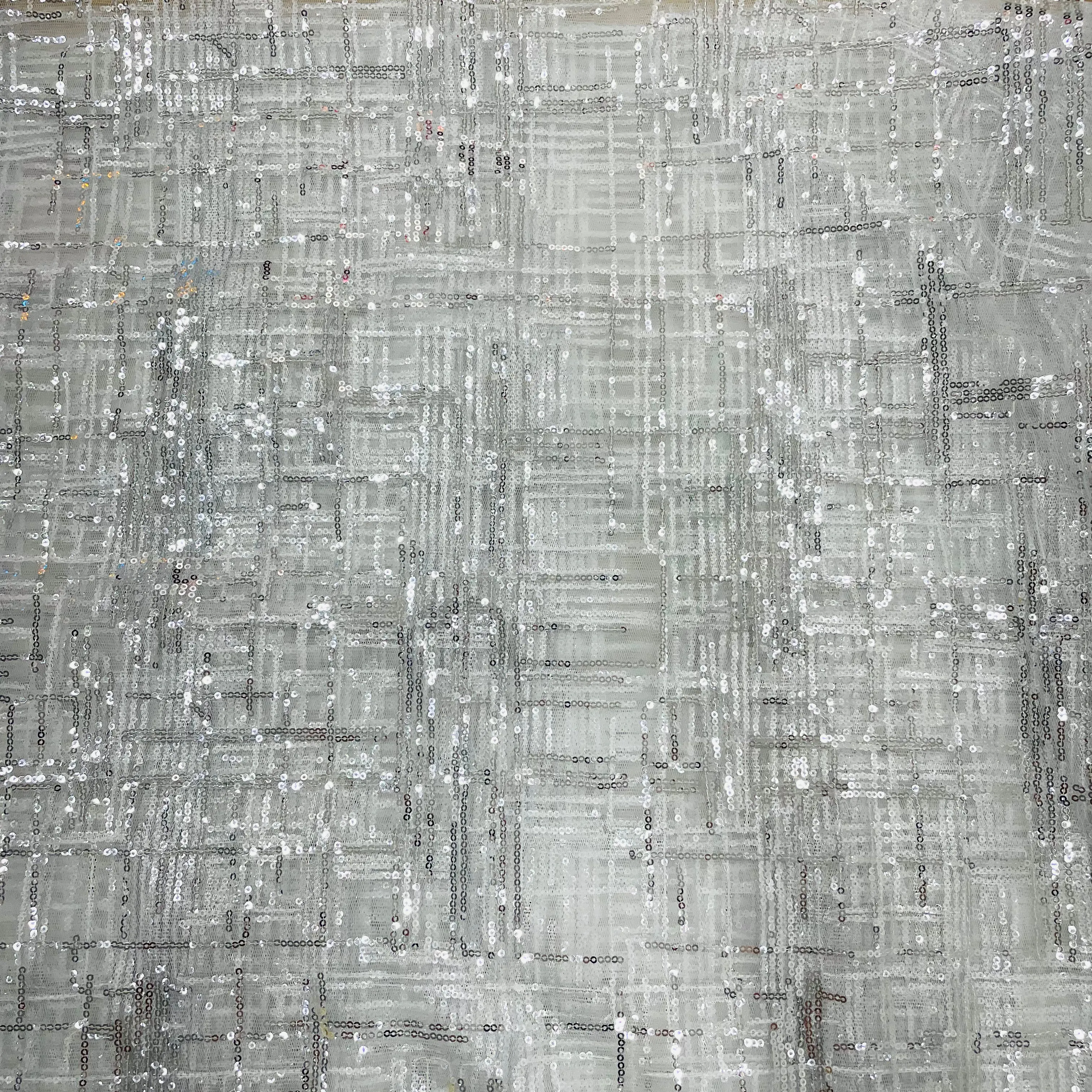 Silver Checks Sequins Embroidery Net Fabric