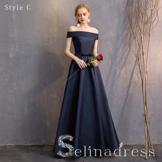 Simple Navy Blue A-Line Princess Bridesmaid Dresses Backless Long Wedding Party Dresses BRK010