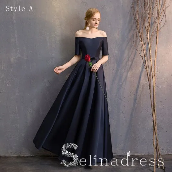 Simple Navy Blue A-Line Princess Bridesmaid Dresses Backless Long Wedding Party Dresses BRK010