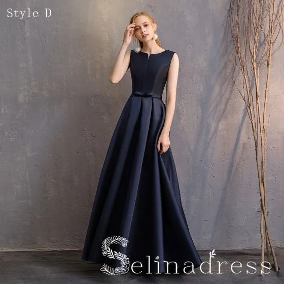 Simple Navy Blue A-Line Princess Bridesmaid Dresses Backless Long Wedding Party Dresses BRK010