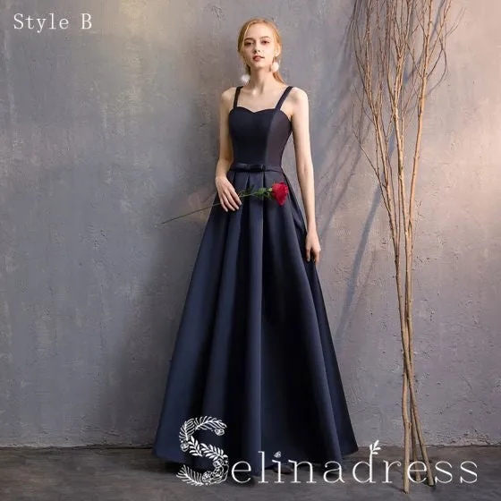 Simple Navy Blue A-Line Princess Bridesmaid Dresses Backless Long Wedding Party Dresses BRK010