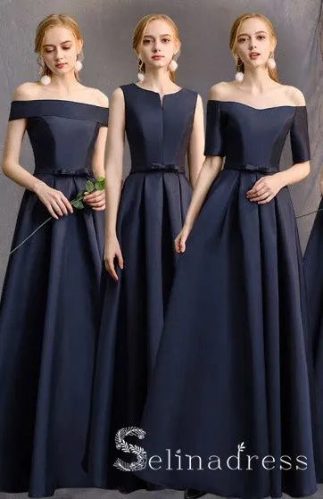 Simple Navy Blue A-Line Princess Bridesmaid Dresses Backless Long Wedding Party Dresses BRK010