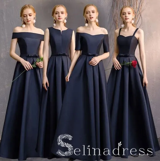 Simple Navy Blue A-Line Princess Bridesmaid Dresses Backless Long Wedding Party Dresses BRK010