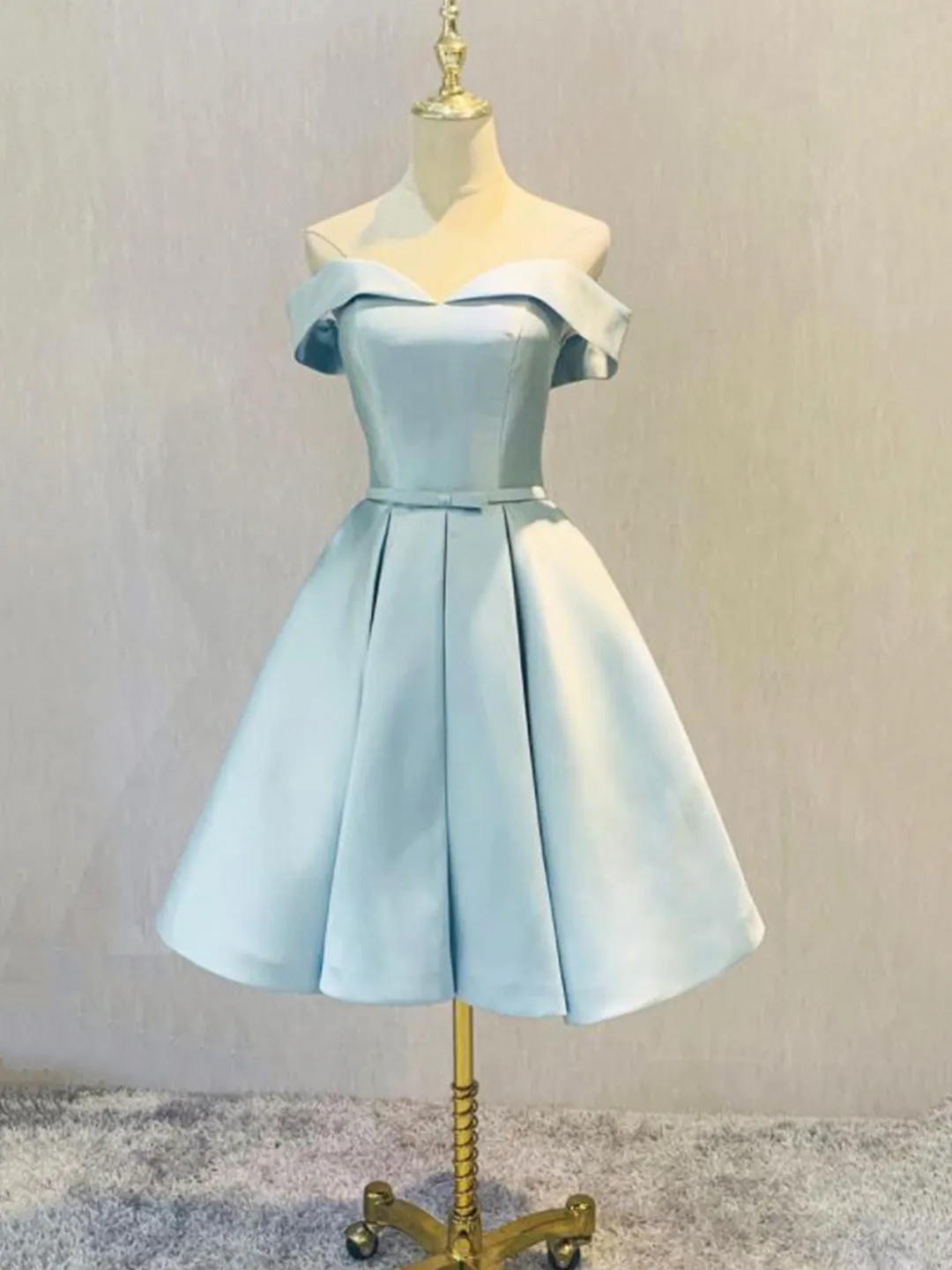 Simple Short Light Blue Satin Party Dress Blue A-Line Off the Shoulder Evening Dress