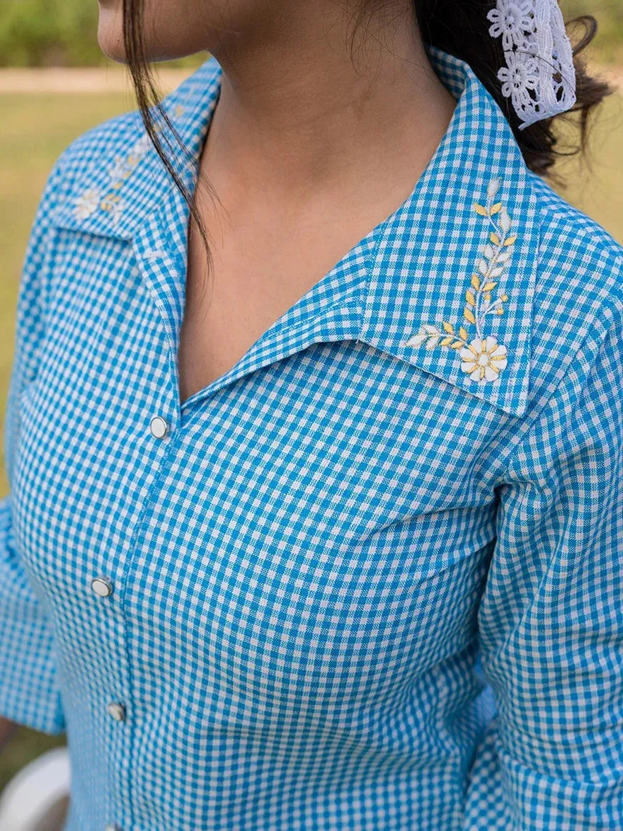 Sky Blue Cotton Checks Printed Embroidery Top