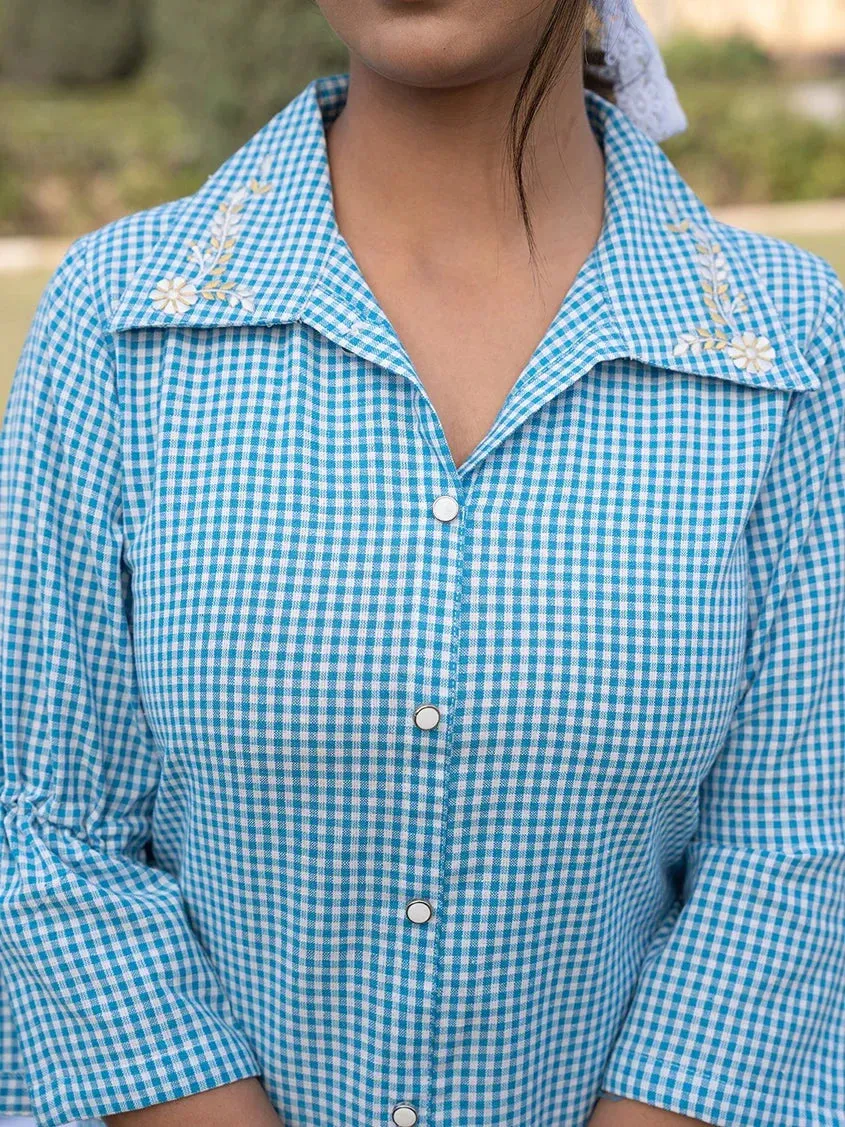 Sky Blue Cotton Checks Printed Embroidery Top