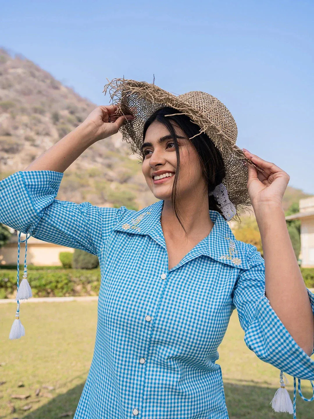 Sky Blue Cotton Checks Printed Embroidery Top