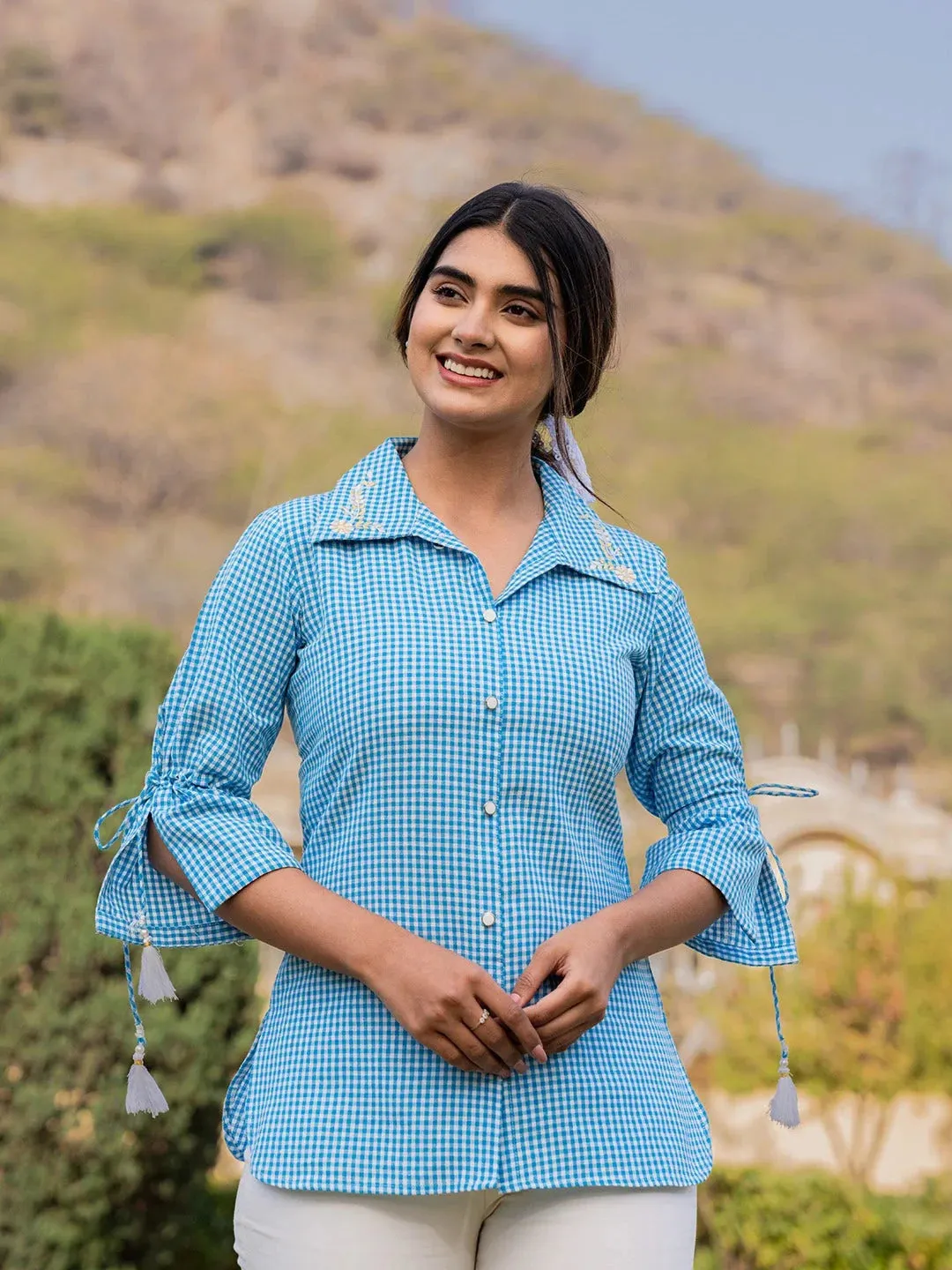 Sky Blue Cotton Checks Printed Embroidery Top