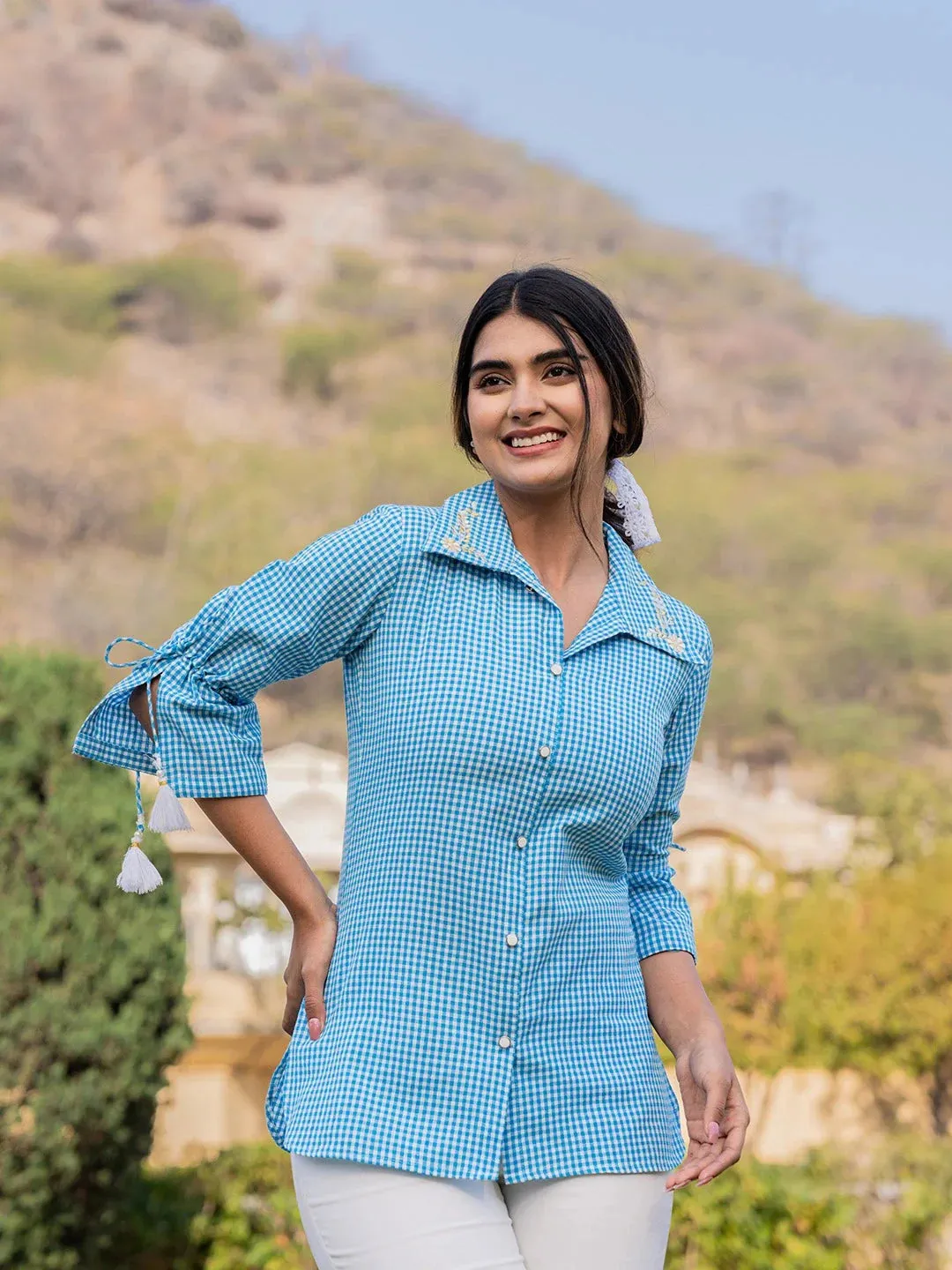 Sky Blue Cotton Checks Printed Embroidery Top