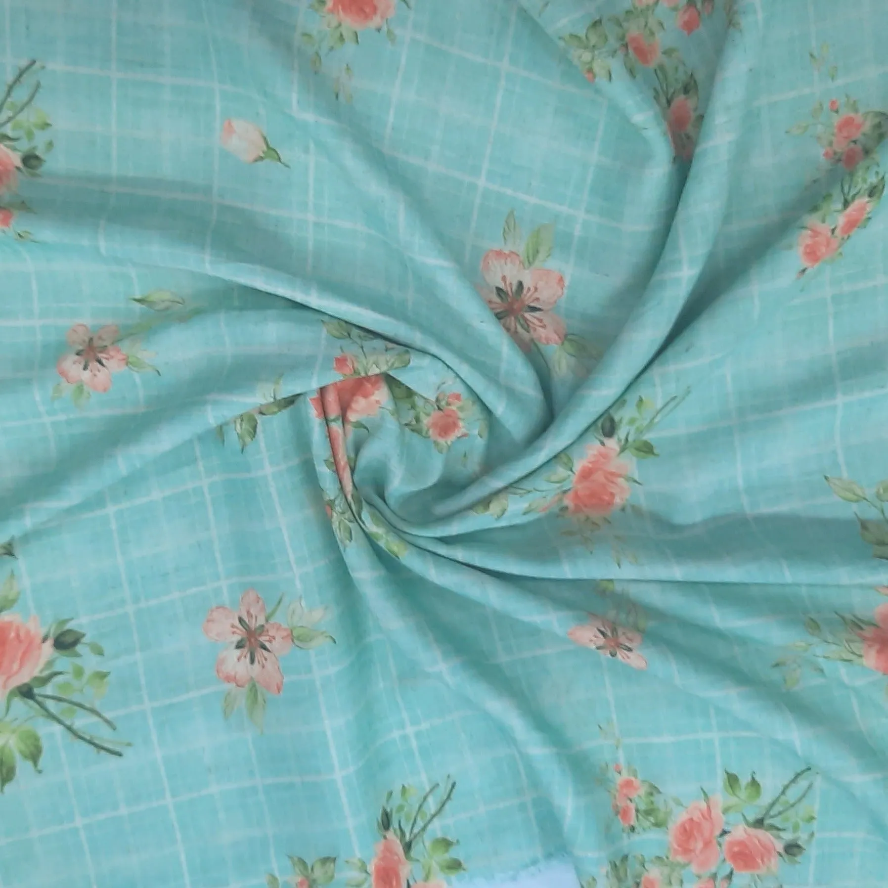 Sky Blue Floral Check Print Cotton Linen Fabric