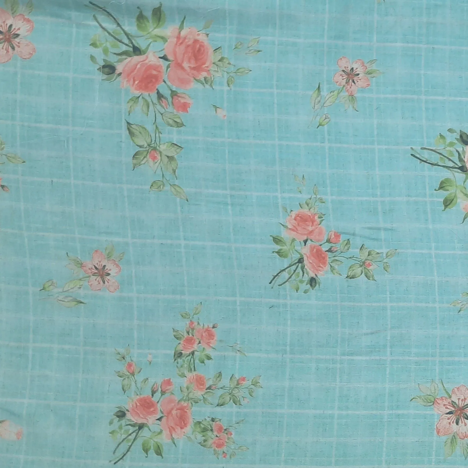 Sky Blue Floral Check Print Cotton Linen Fabric