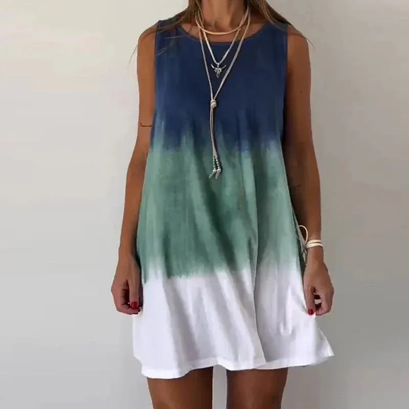 Sleeveless Beach Mini Summer High Street Vest Casual Tie Dye Printed O Neck Women's Floral Loose Dress