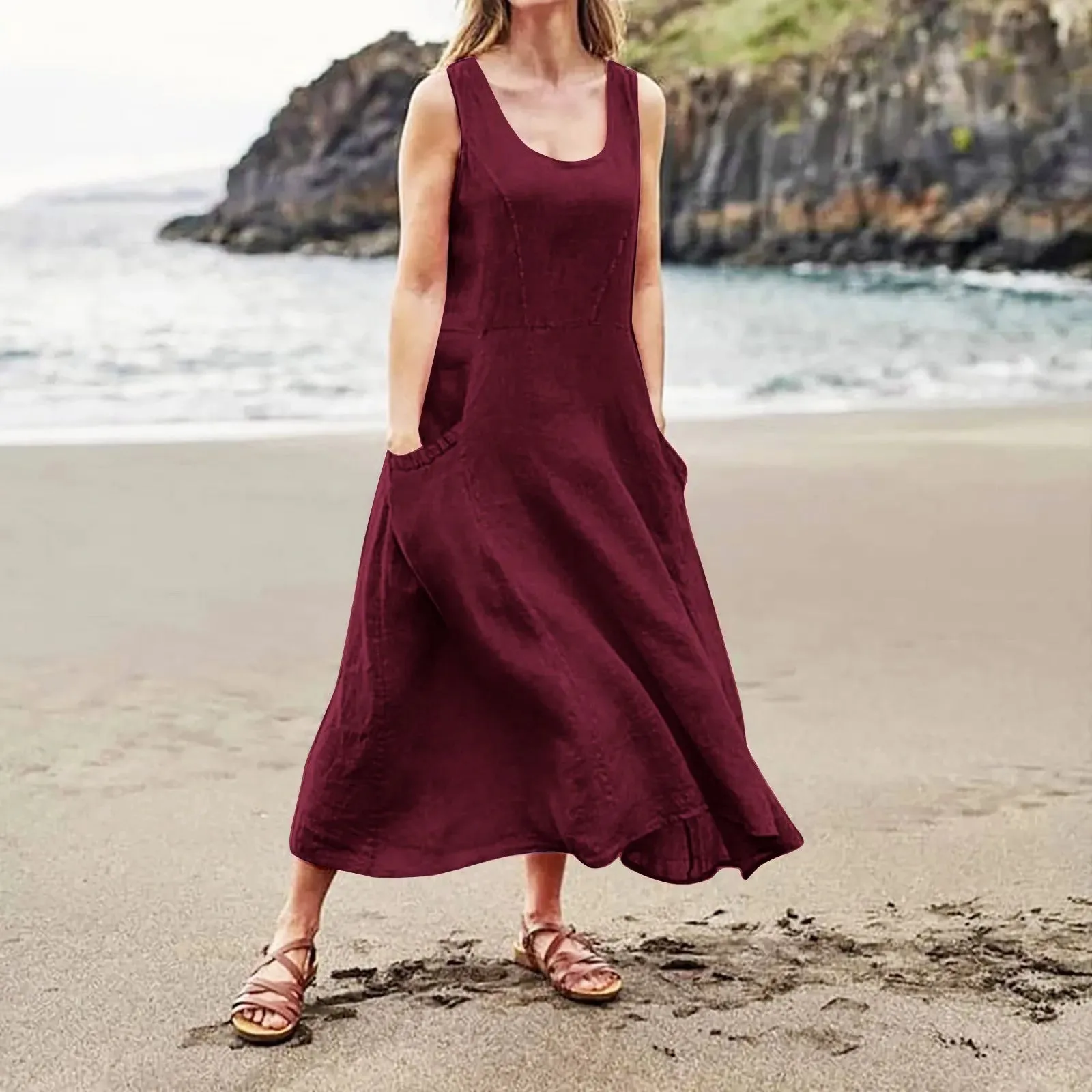 Sleeveless Sundress Elegant Round Neck Cotton Linen Solid Long Tank Vintage Casual Summer Dress