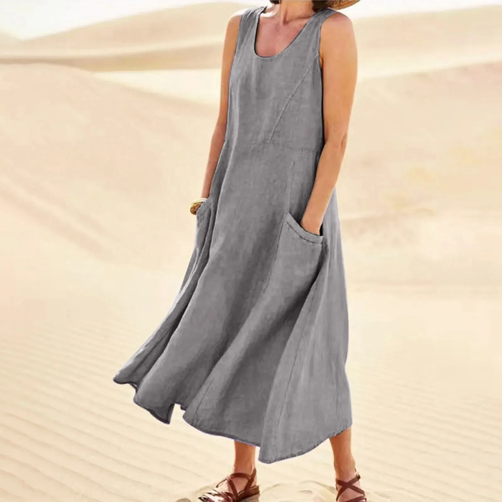 Sleeveless Sundress Elegant Round Neck Cotton Linen Solid Long Tank Vintage Casual Summer Dress