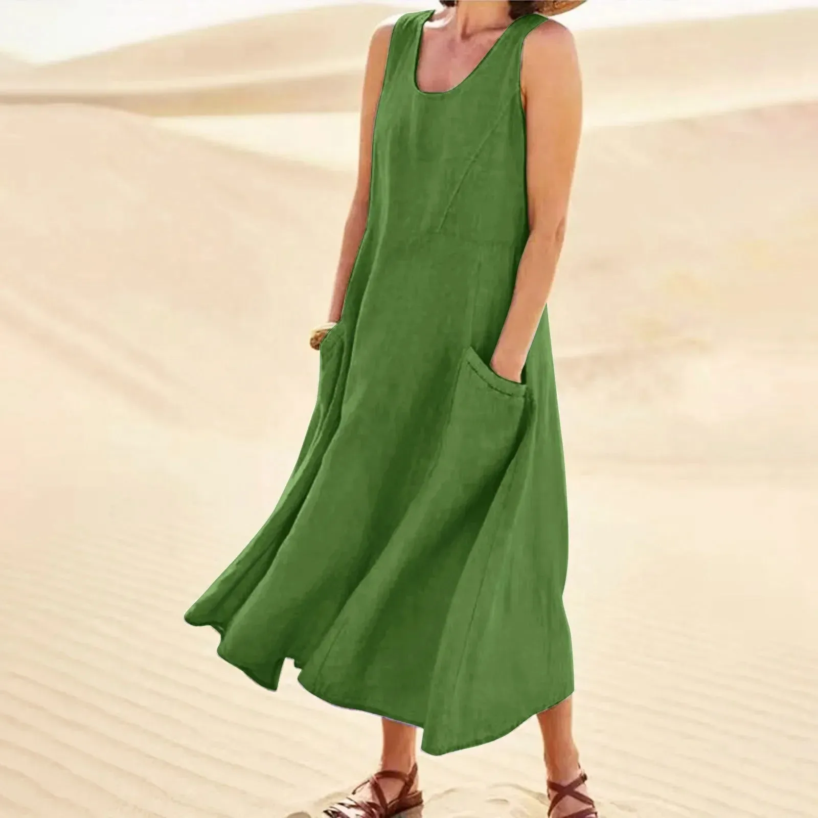 Sleeveless Sundress Elegant Round Neck Cotton Linen Solid Long Tank Vintage Casual Summer Dress