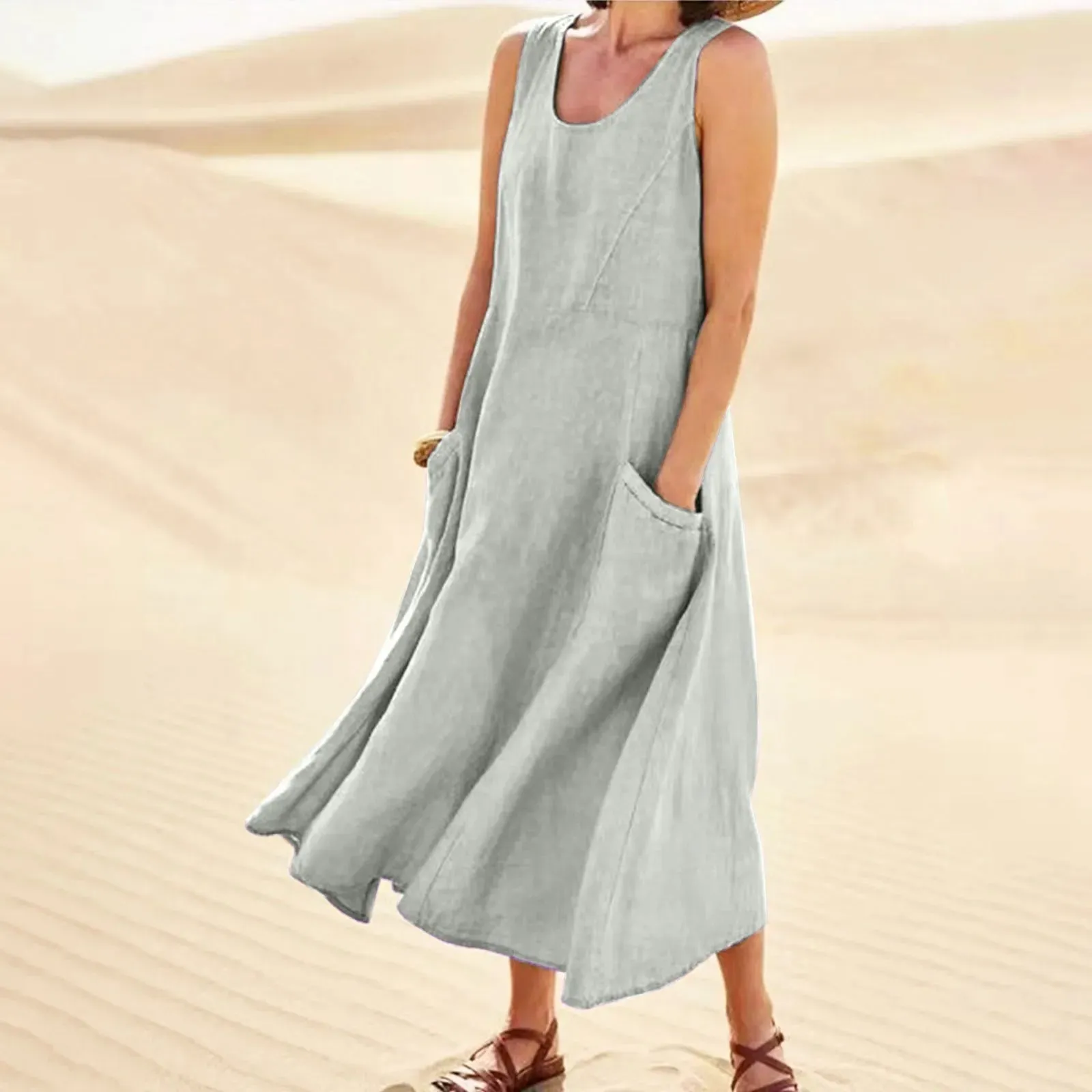 Sleeveless Sundress Elegant Round Neck Cotton Linen Solid Long Tank Vintage Casual Summer Dress