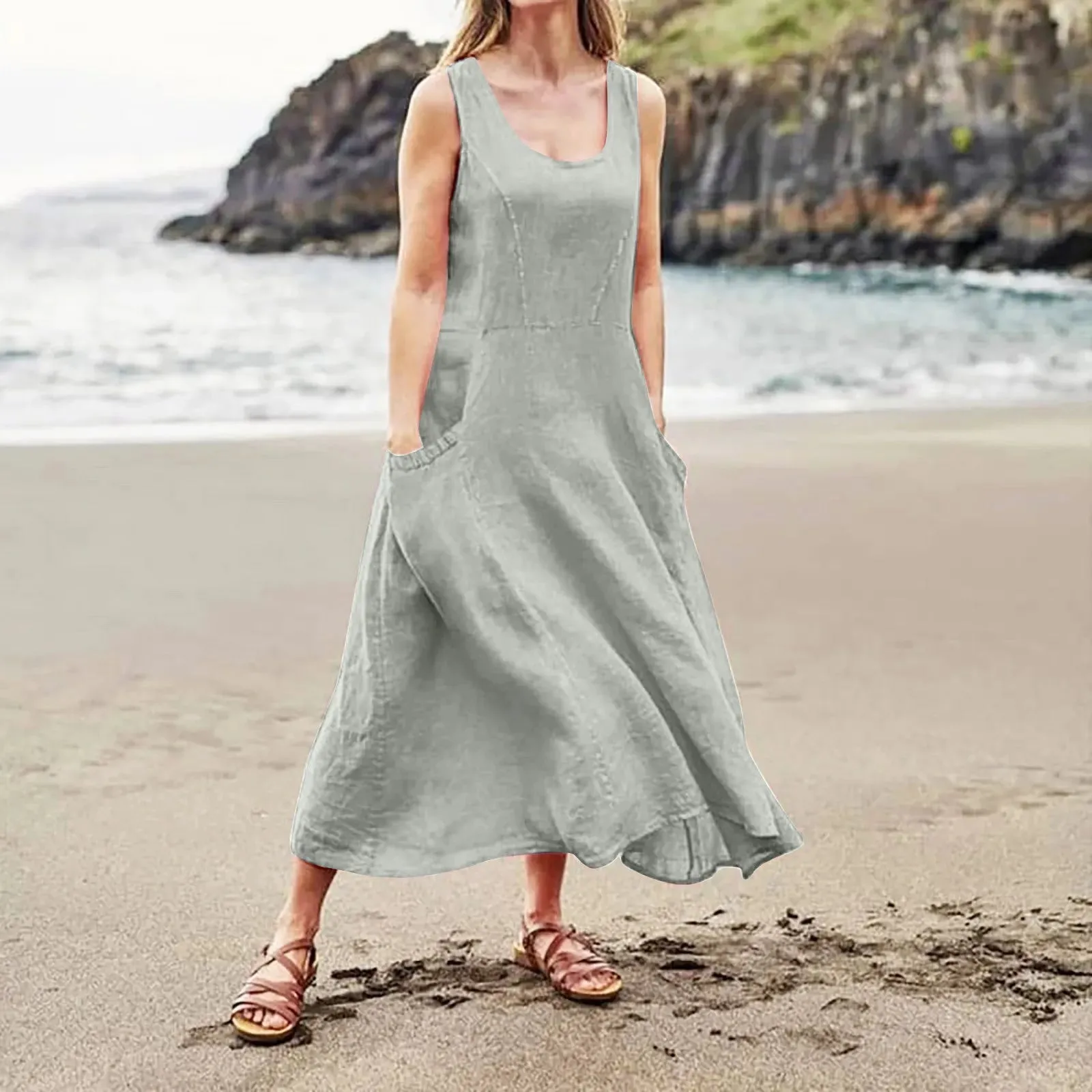 Sleeveless Sundress Elegant Round Neck Cotton Linen Solid Long Tank Vintage Casual Summer Dress