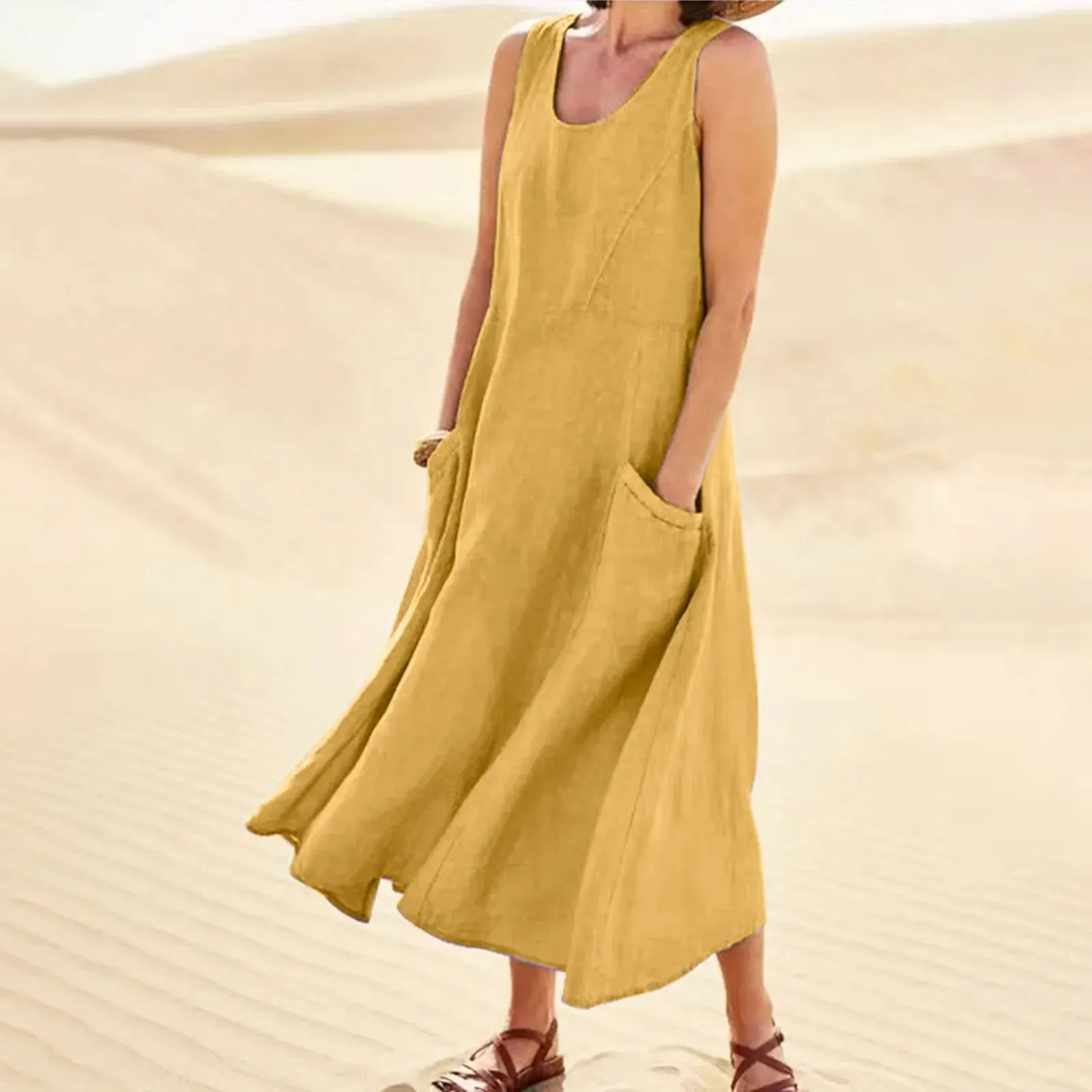 Sleeveless Sundress Elegant Round Neck Cotton Linen Solid Long Tank Vintage Casual Summer Dress