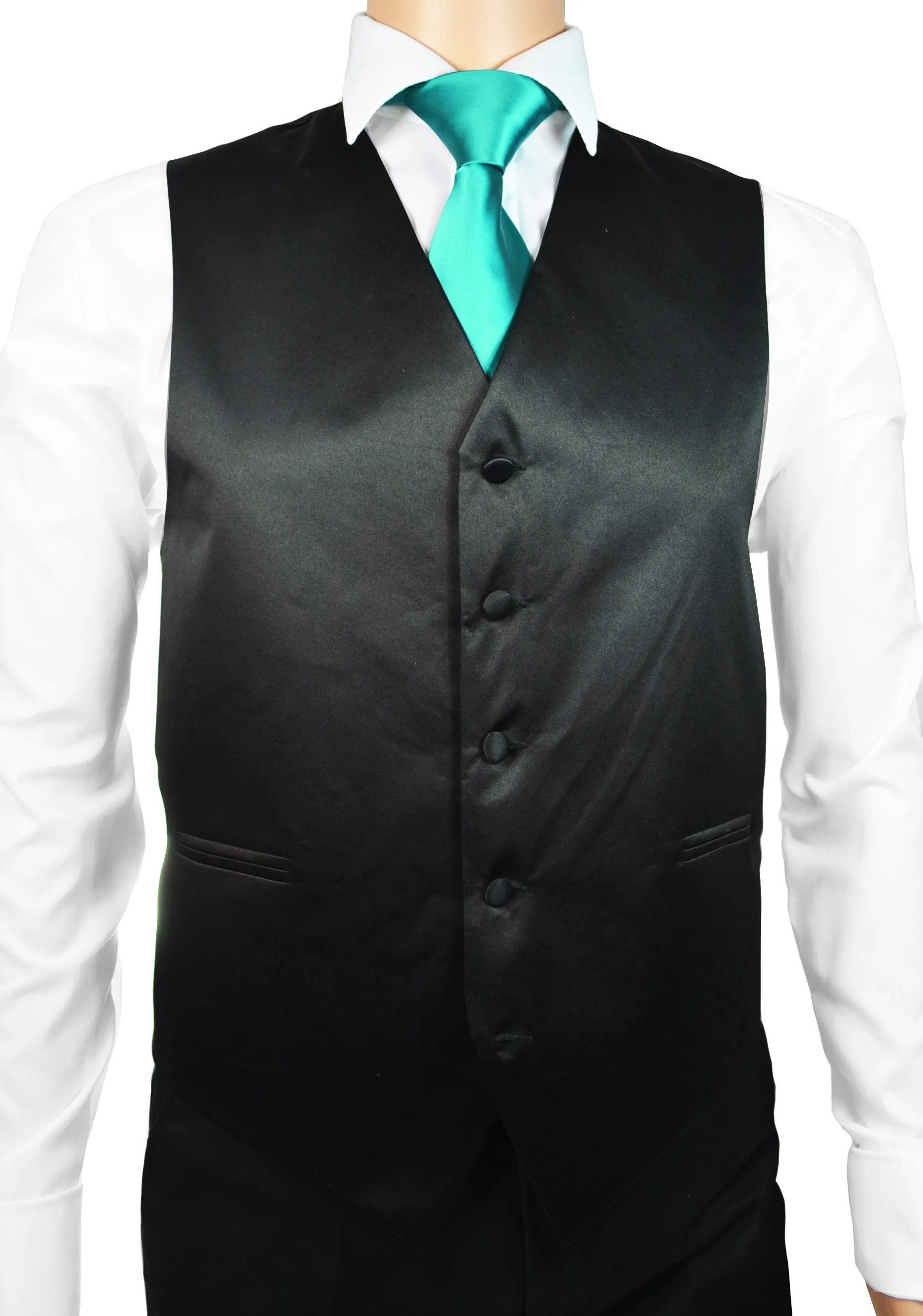 Solid Black Mens Tuxedo Vest, Tie and Trim Pocket Square