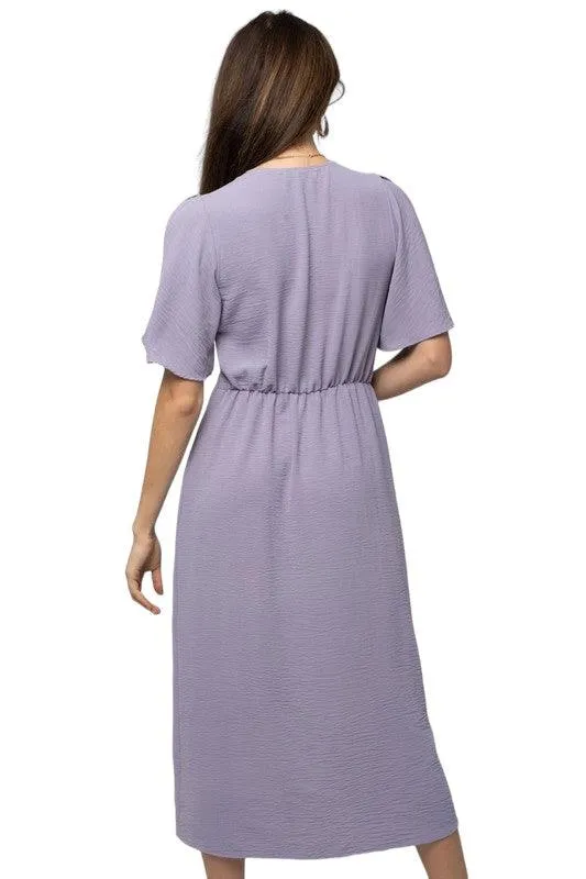 Solid V-Neck Midi Dress With Front Knot