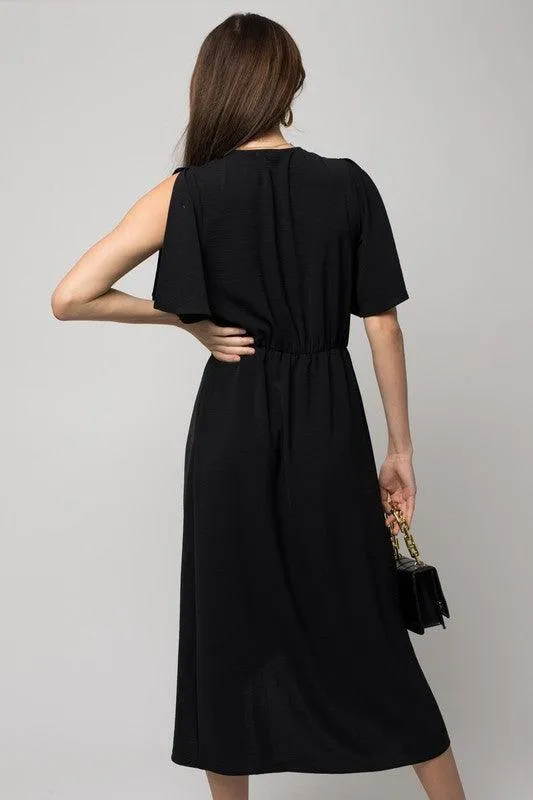 Solid V-Neck Midi Dress With Front Knot