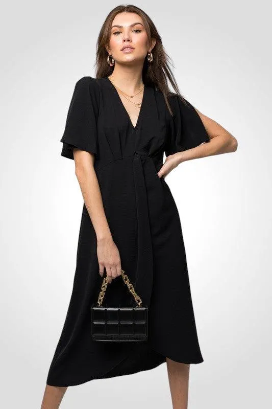 Solid V-Neck Midi Dress With Front Knot