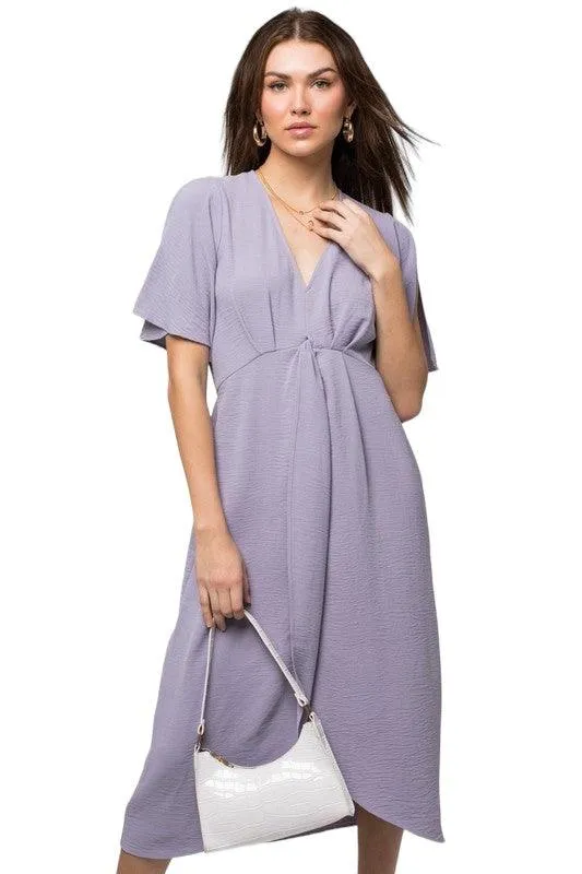 Solid V-Neck Midi Dress With Front Knot