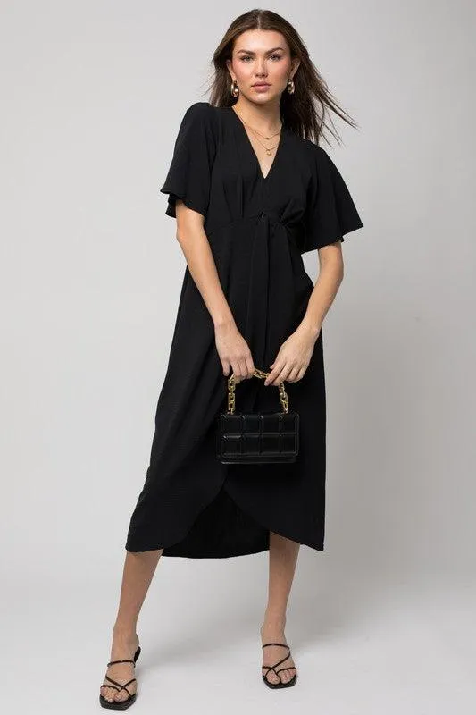 Solid V-Neck Midi Dress With Front Knot