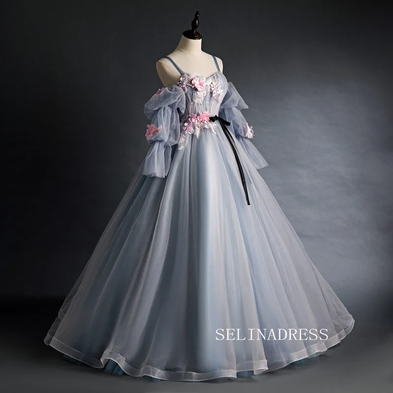 Spaghetti Straps Ball Gown Long Puff Sleeve Prom Dress With Flower Princess Quinceanera YUU007