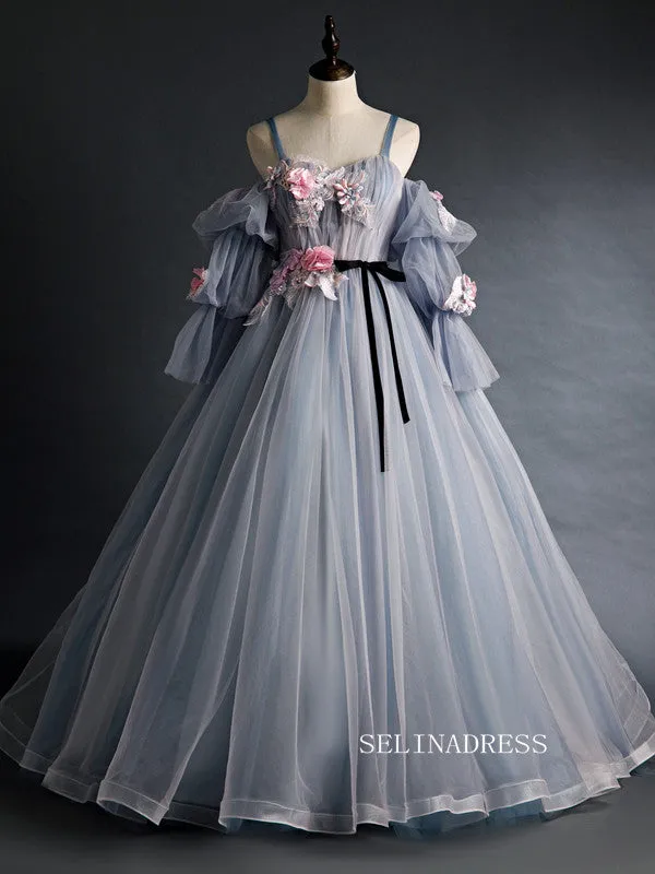 Spaghetti Straps Ball Gown Long Puff Sleeve Prom Dress With Flower Princess Quinceanera YUU007