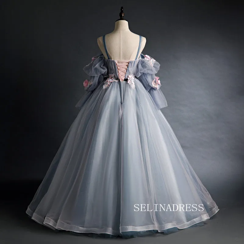 Spaghetti Straps Ball Gown Long Puff Sleeve Prom Dress With Flower Princess Quinceanera YUU007