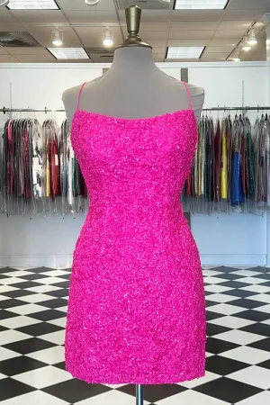 Spaghetti Straps Hot Pink Bodycon Mini Dress,Graduation Dresses