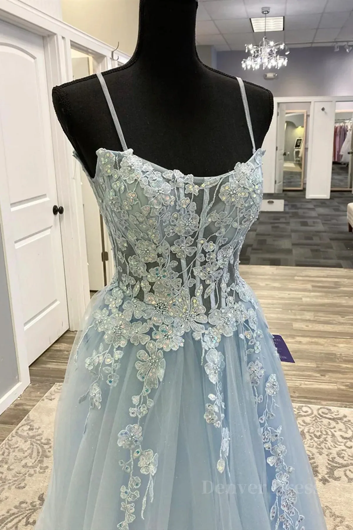 Spaghetti Straps Light Blue Lace Prom Dresses Light Blue Lace Formal Evening Dresses