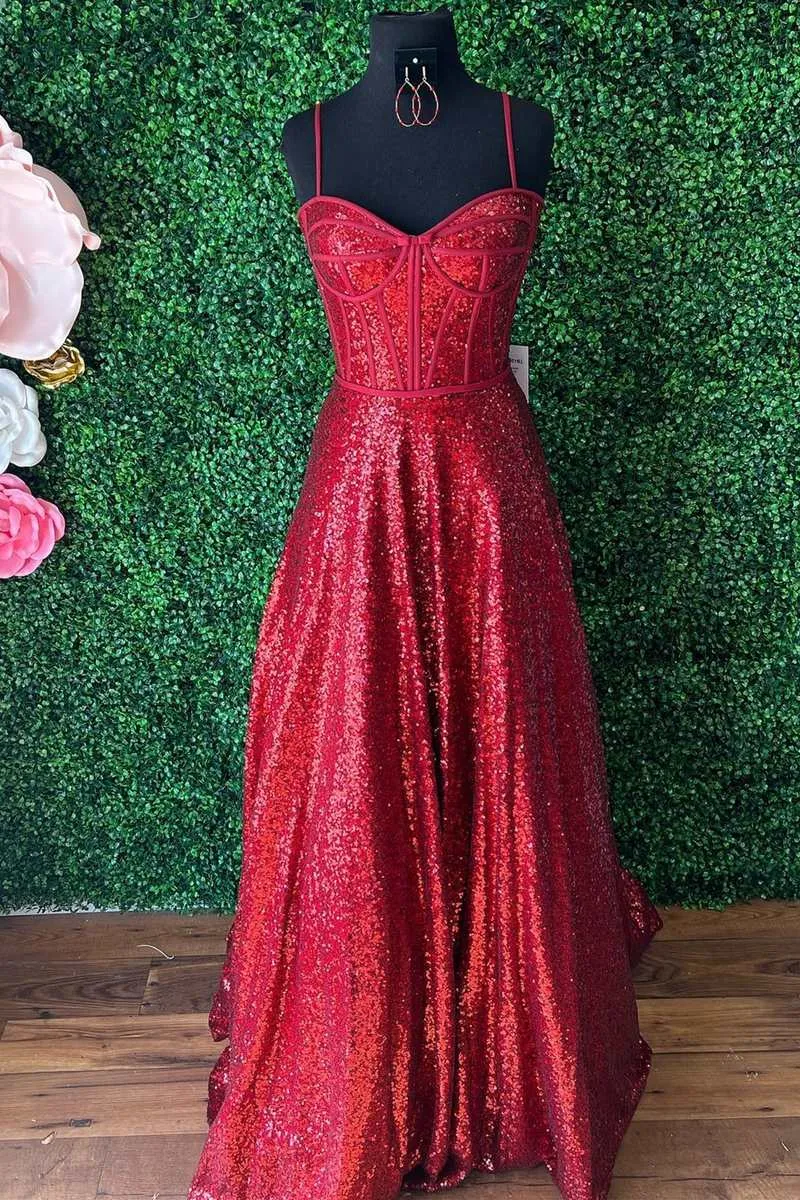 Spaghetti Straps Red Prom Dress Floor Length Sequins Evening Dresses #QWE019