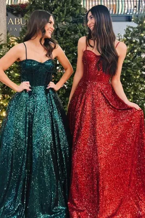 Spaghetti Straps Red Prom Dress Floor Length Sequins Evening Dresses #QWE019