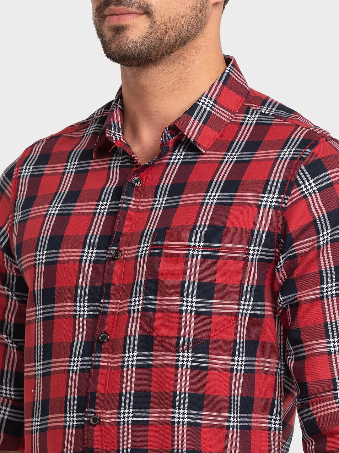 Spykar Brick Red Cotton Full Sleeve Checks Shirt For Men