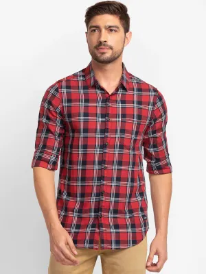 Spykar Brick Red Cotton Full Sleeve Checks Shirt For Men