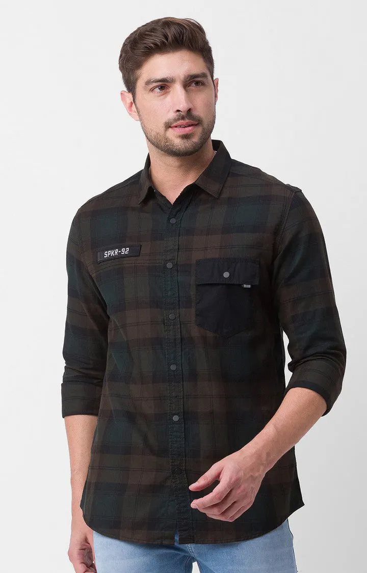 Spykar Brown Cotton Full Sleeve Checks Shirt For Men