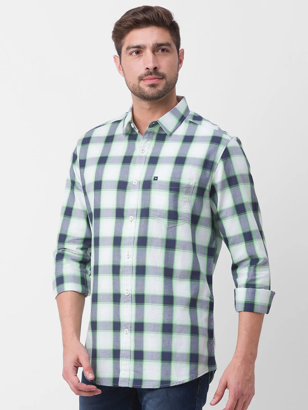 Spykar Neon Green Cotton Full Sleeve Checks Shirt For Men