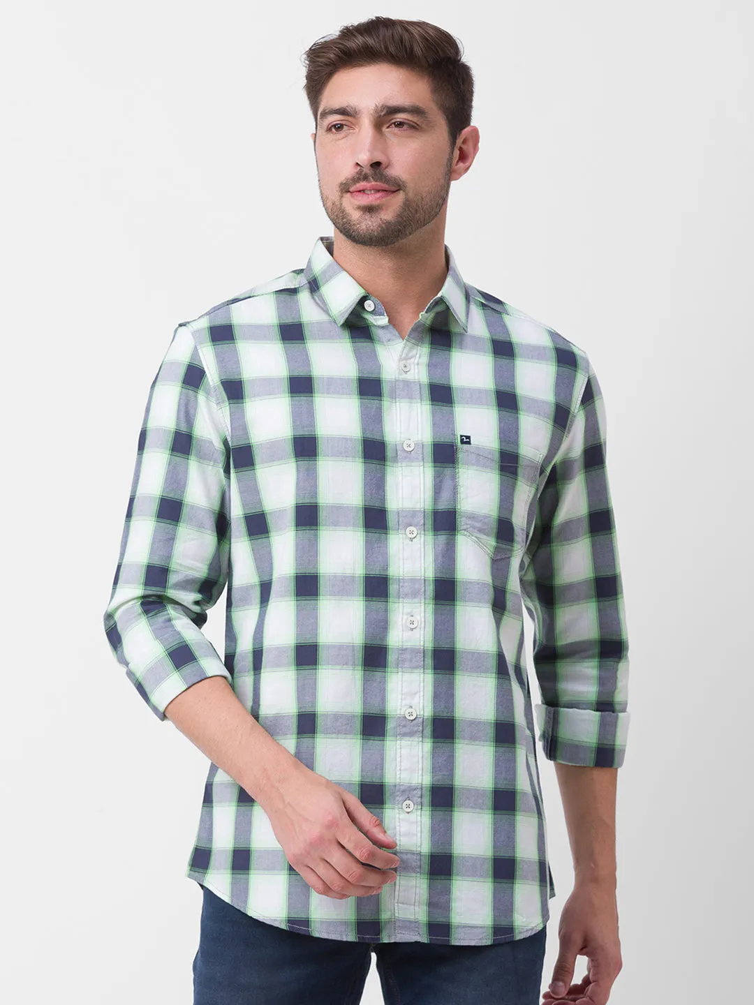 Spykar Neon Green Cotton Full Sleeve Checks Shirt For Men