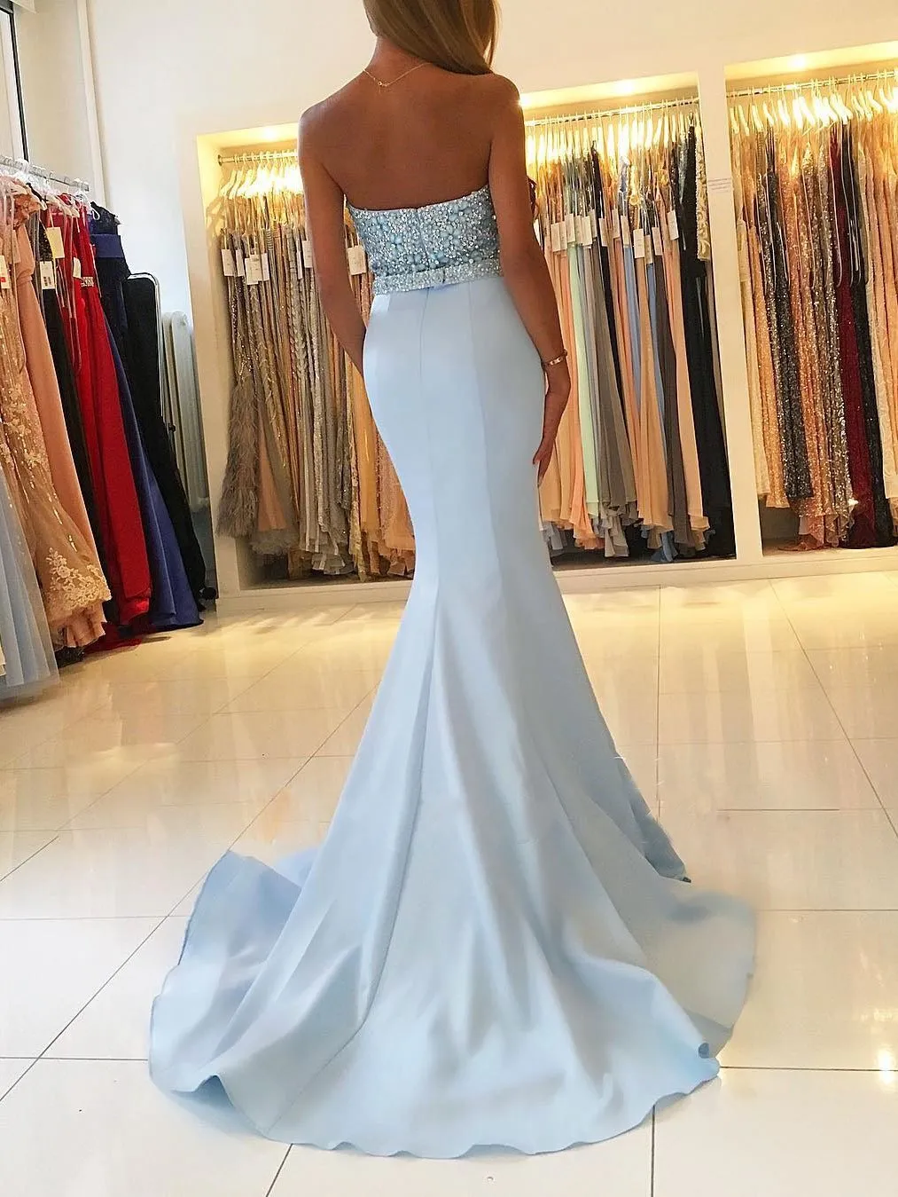 Strapless Sweetheart Neck Beaded Mermaid Light Blue Prom Dresses