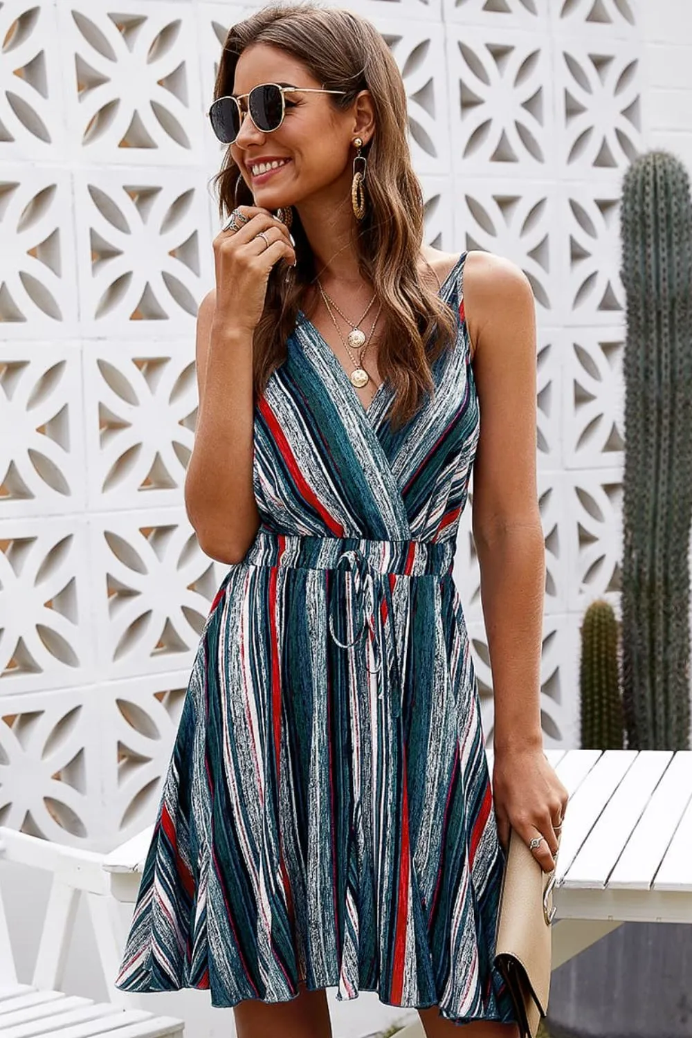 Striped Surplice Neck Spaghetti Strap Dress