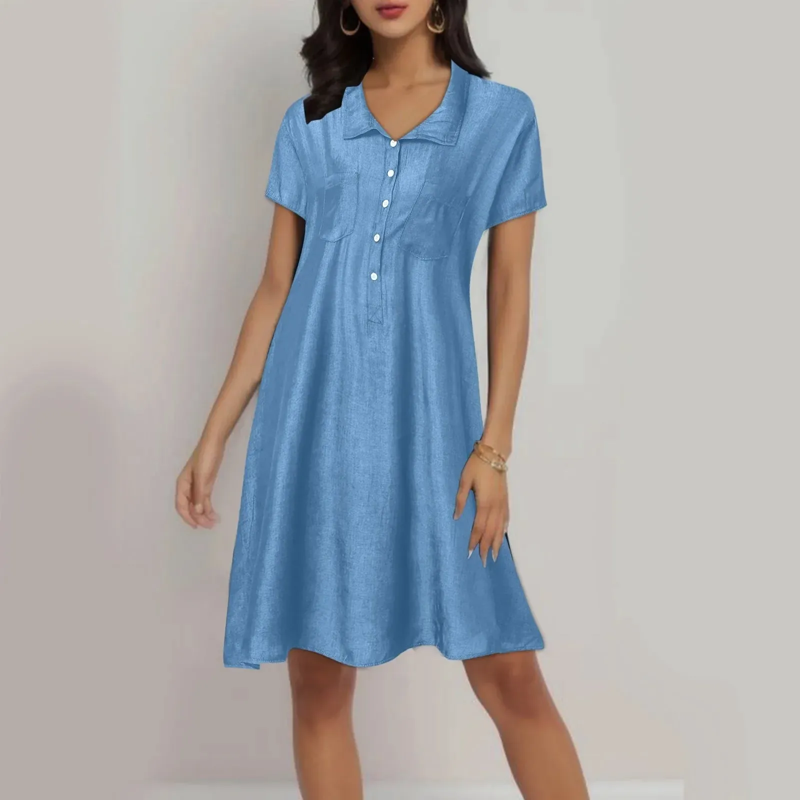 Summer Casual Short Sleeve High Quality Solid Denim Turn Down Collar Casual Fashion Dress